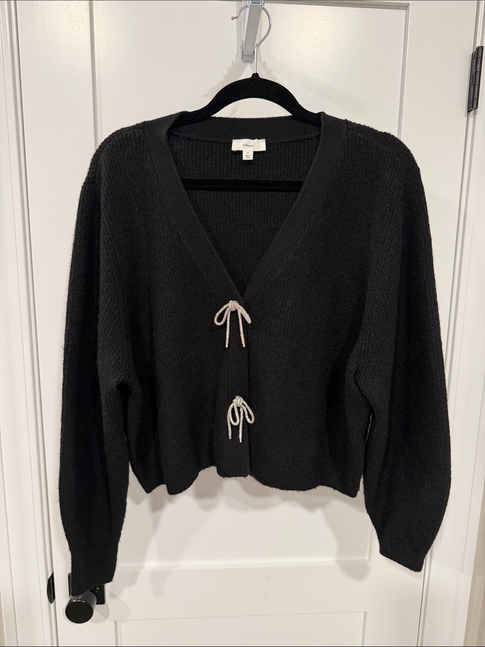 A loves A V-Neck Black snap front with bow detail Women's Cardigan